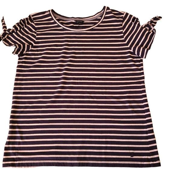 Nautica Womens Cold Shoulder Blouse Stripes Top Scoop Neck Blue White Large - Picture 1 of 10